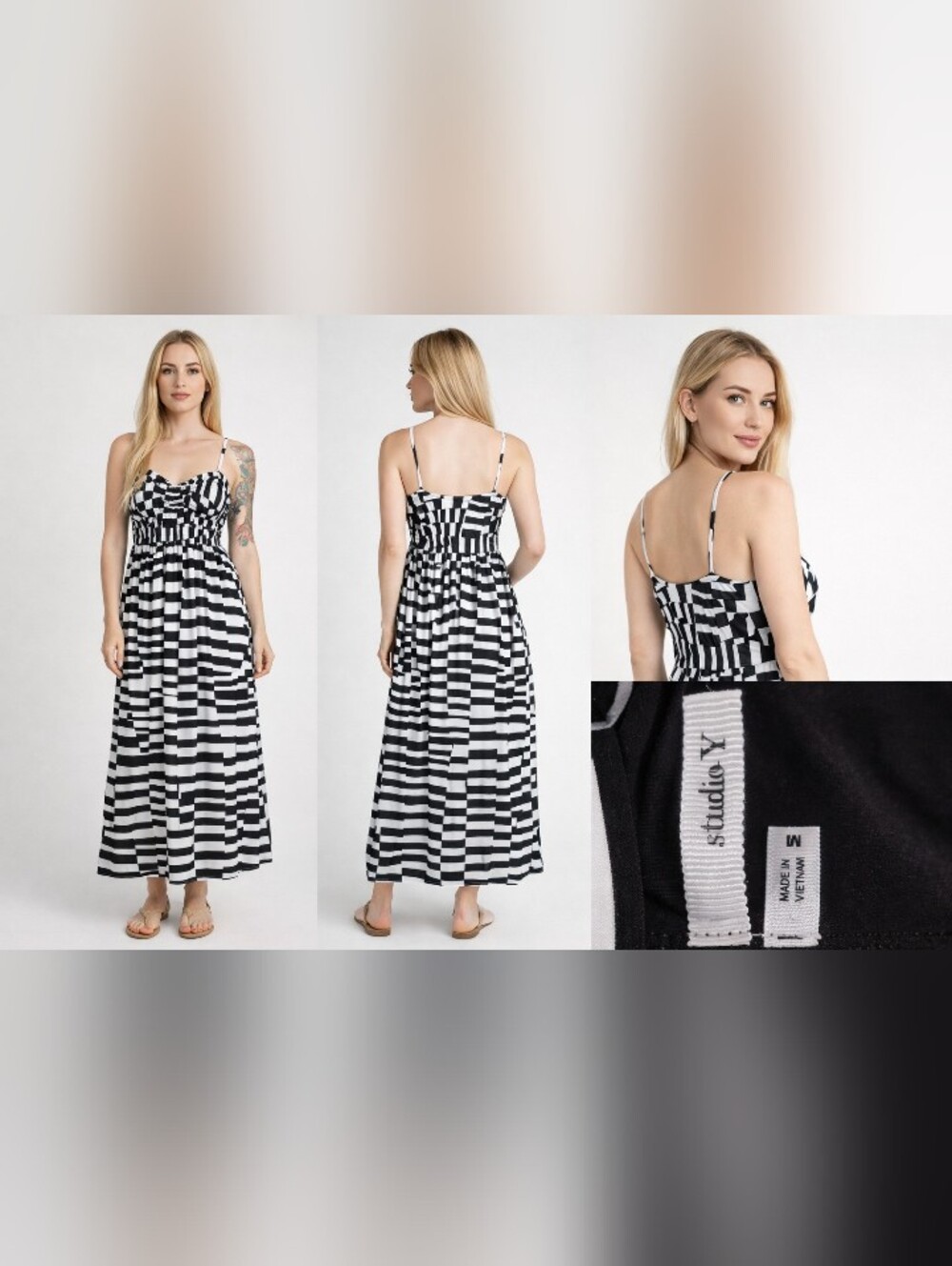 Studio Y Black and White Striped Maxi Dress with Spaghetti Straps